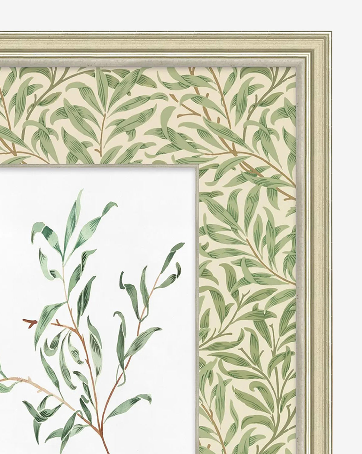 A close-up of the Morris Icon III framed giclee print showcases watercolor-style green leafy branches. The light, subtly textured frame and mat feature a leafy pattern on beige, creating a gallery-quality look, by Vendixs