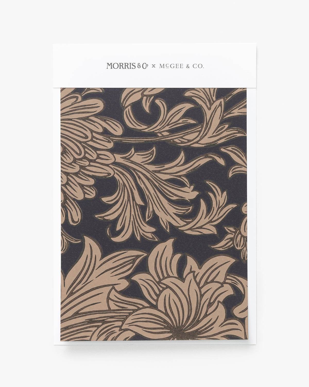 A decorative wallpaper swatch features the Morris & Co. x Vendixs Chrysanthemum motif in beige on black, with branding on a white header. Brand: Sanderson Design Group, Inc. Vendixs