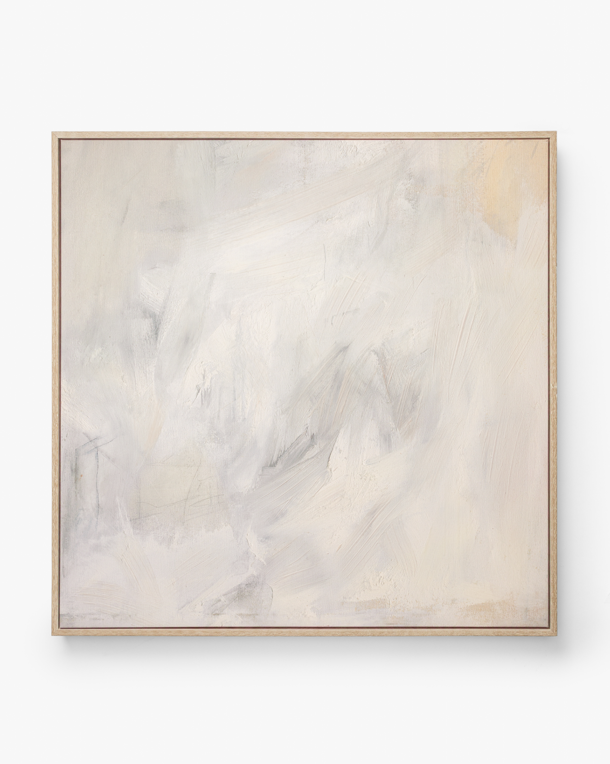 Moving Fog by Judy Cox" is a framed abstract wall art piece with soft white, cream, and light gray hues and subtle textures, offering a calm, minimalist look—ideal for tranquil home decor, by Vendixs