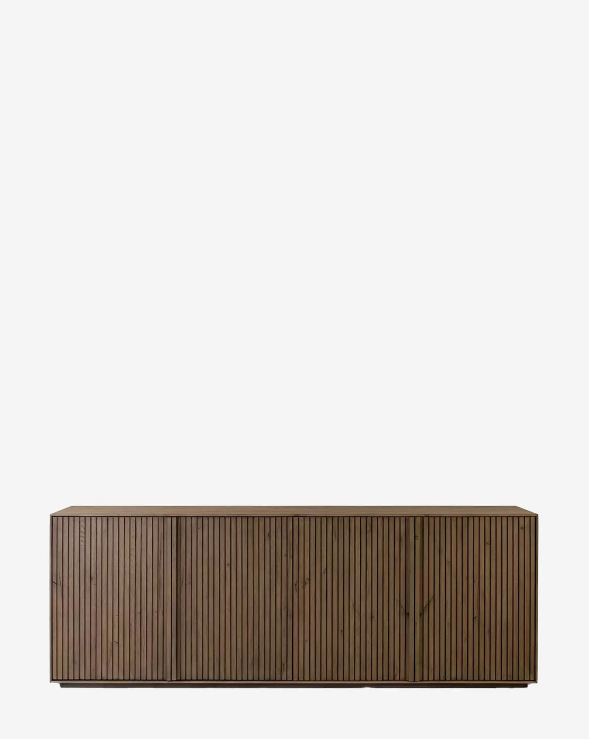 The Murron Sideboard is a modern, rectangular wooden cabinet with fluted door fronts and vertical slats. Featuring a dark brown finish and minimalist design, its perfect for entryway storage and is shown against a plain white background by Vendixs
