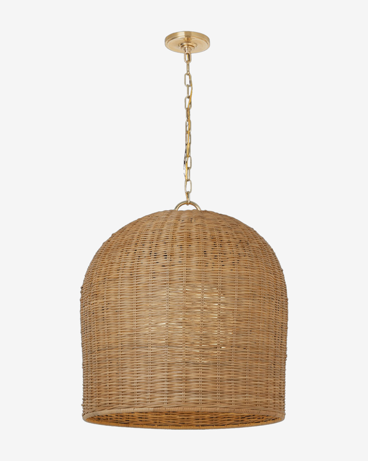 The Nancy Woven Hanging Shade features a dome-shaped rattan design with an organic woven texture, suspended from a gold chain and ceiling mount, shown against a plain white background, by Vendixs