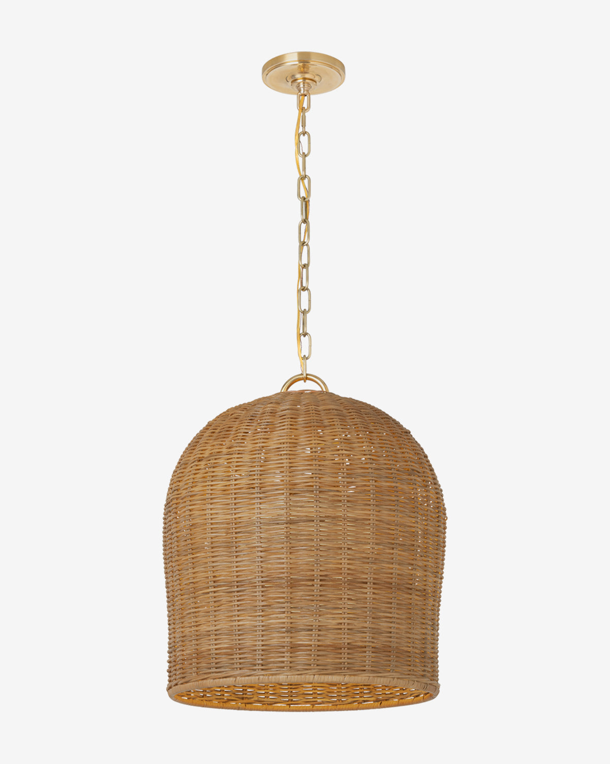 Certainly! Here is your blended sentence: The Nancy Woven Hanging Shade by Visual Comfort & Co. Signature features a dome-shaped wicker design, suspended from a gold chain and ceiling mount, shown against a plain white background, Vendixs