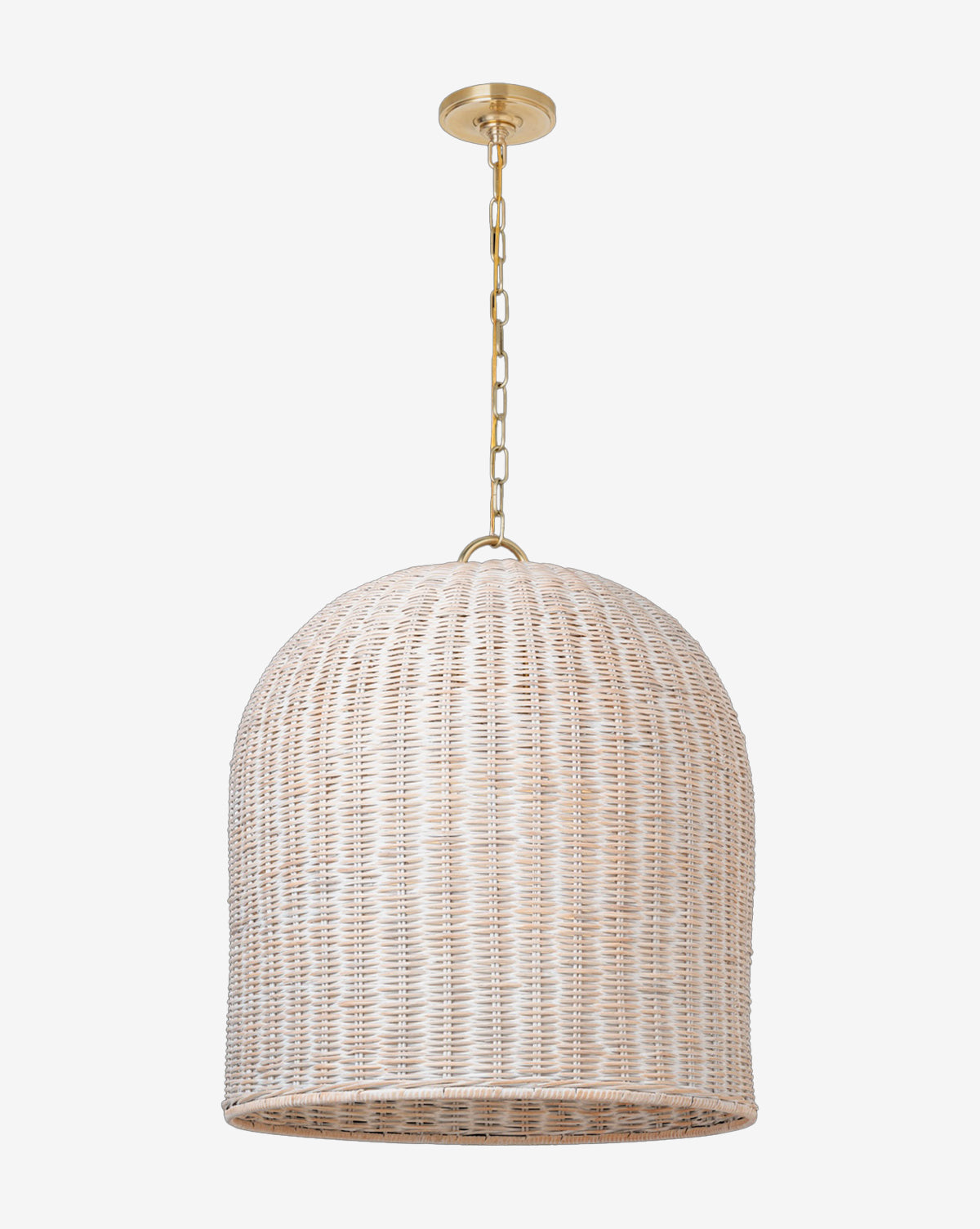 The Nancy Woven Hanging Shade is a dome-shaped pendant light with an organic design, featuring a woven wicker shade and brass chain and ceiling mount, set against a plain white background, by Vendixs