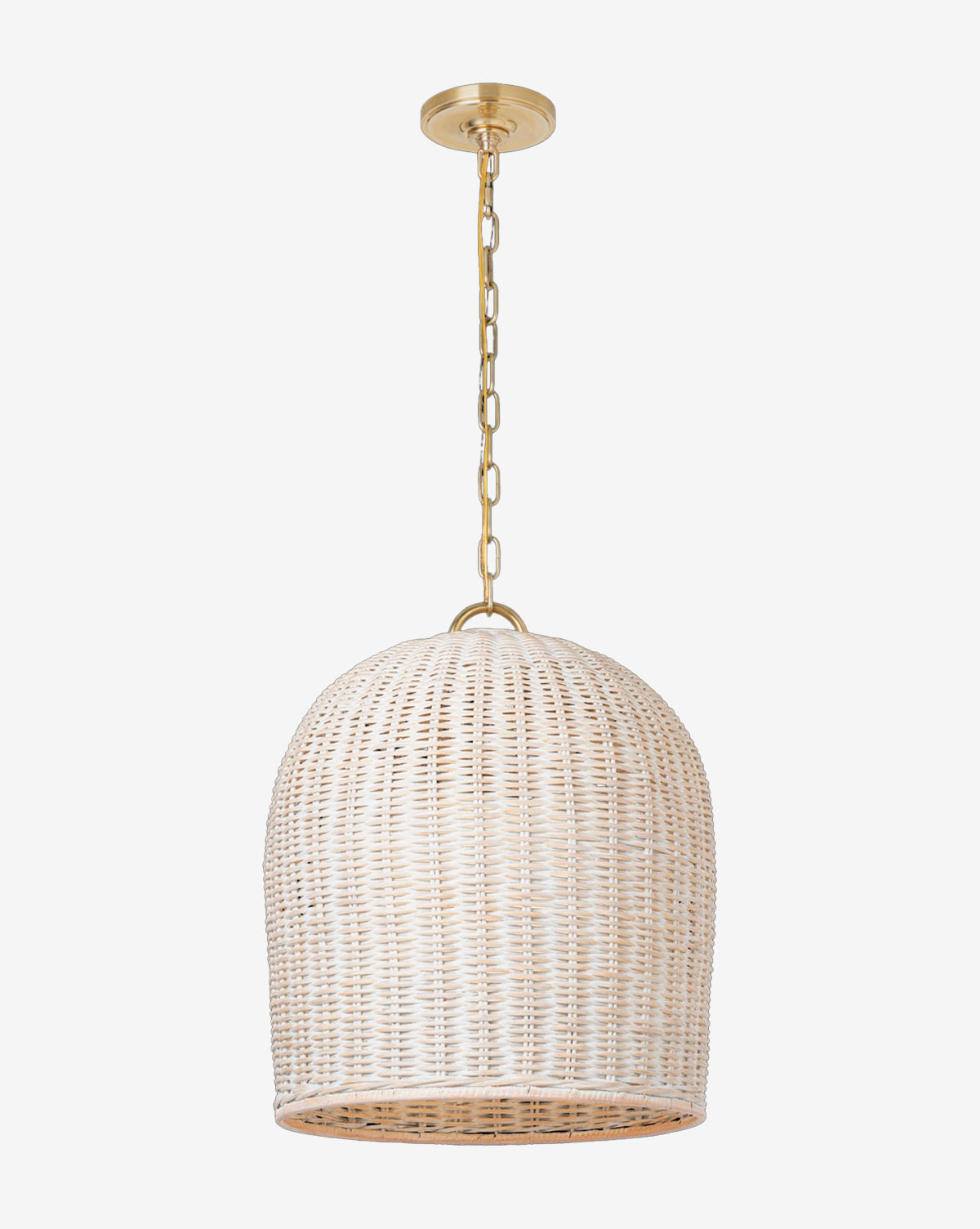 The Nancy Woven Hanging Shade features an organic dome-shaped rattan wicker design, suspended from a gold chain and ceiling mount, displayed against a plain white background, by Vendixs