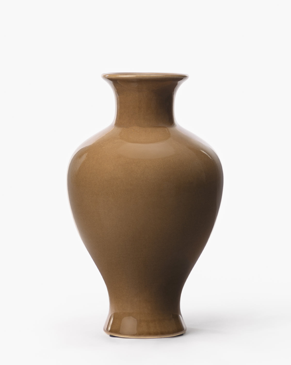 The Natalia Vase is a glossy, brown earthenware piece featuring a wide body, narrow neck, and flared rim, shown against a plain white background, by Vendixs