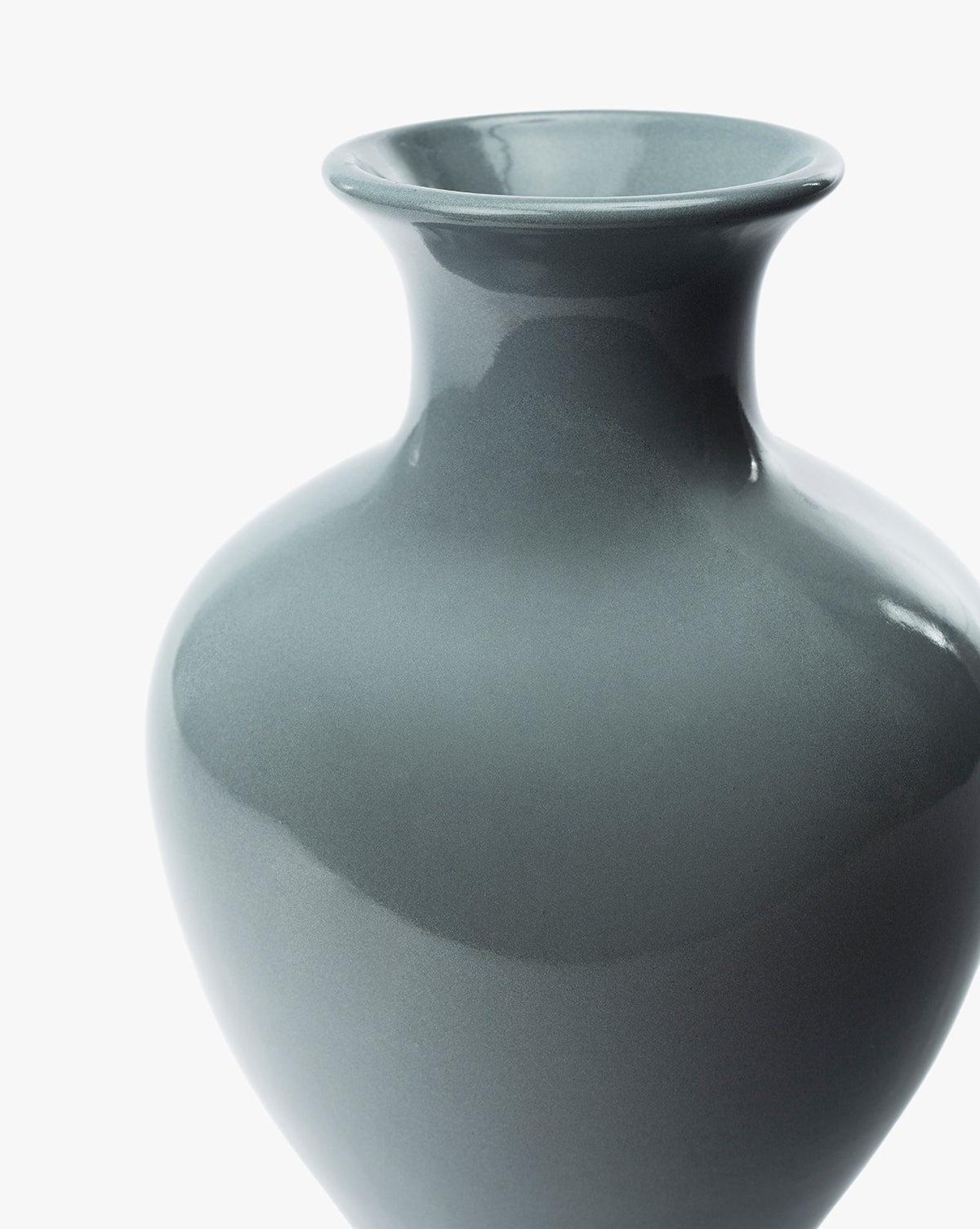 A close-up of the Natalia Vase in stone gray ceramic, showcasing its glossy finish, smooth surface, and wide flared rim against a simple white background, by Vendixs