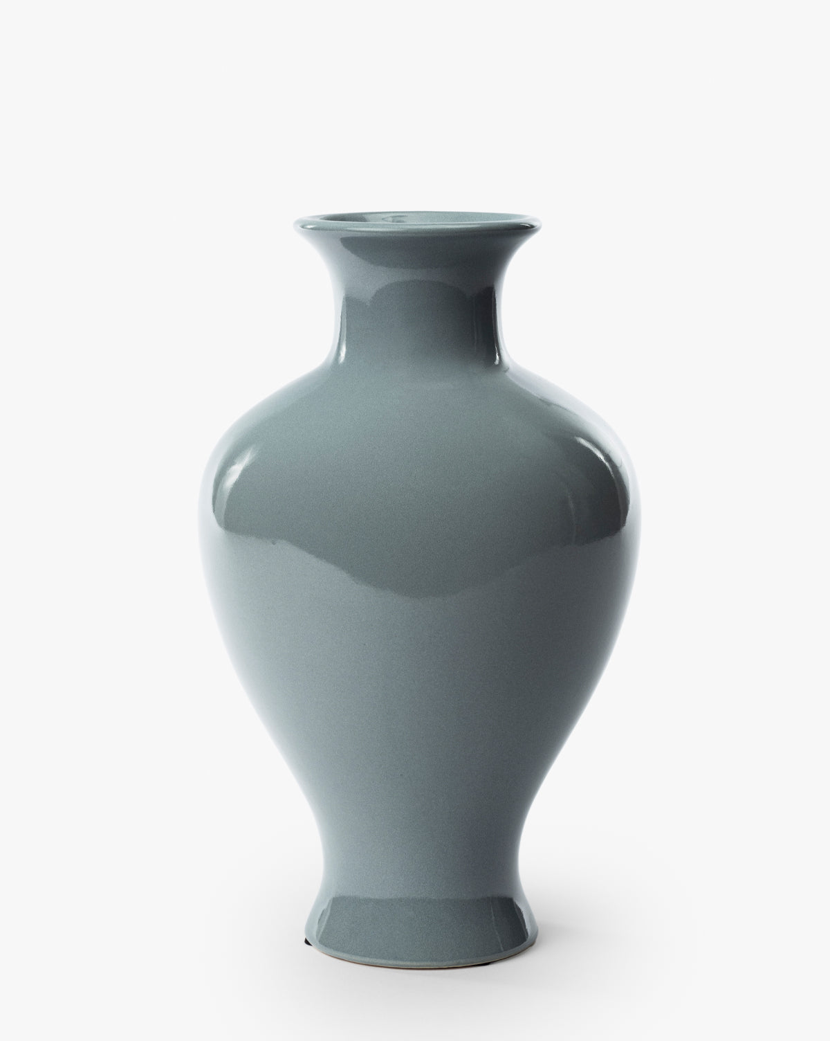 The Natalia Vase features a glossy stone gray finish, rounded body, narrow neck, and flared rim, displayed against a plain white background, by Vendixs