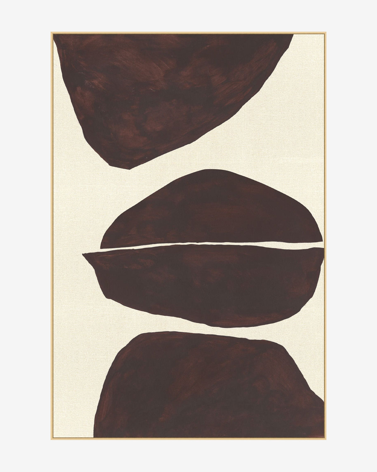 Natural Shapes 1: A minimalist giclee print featuring three large, irregular dark brown shapes stacked vertically on a light beige background, presented in a thin natural wood floater frame, by Vendixs