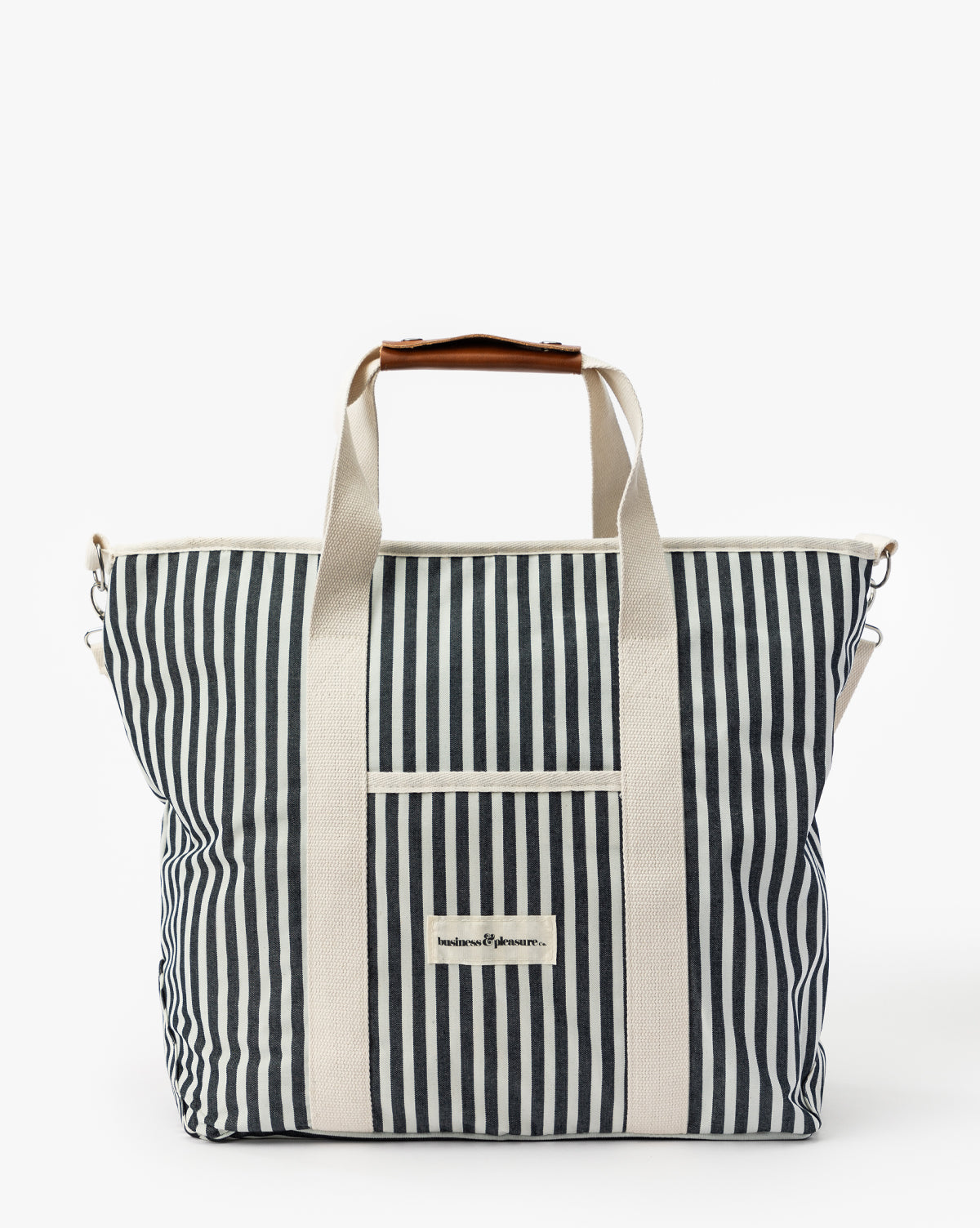 Profile view of Navy Striped Cooler Bag, featuring durable handles and classic stripe design, from Vendixs