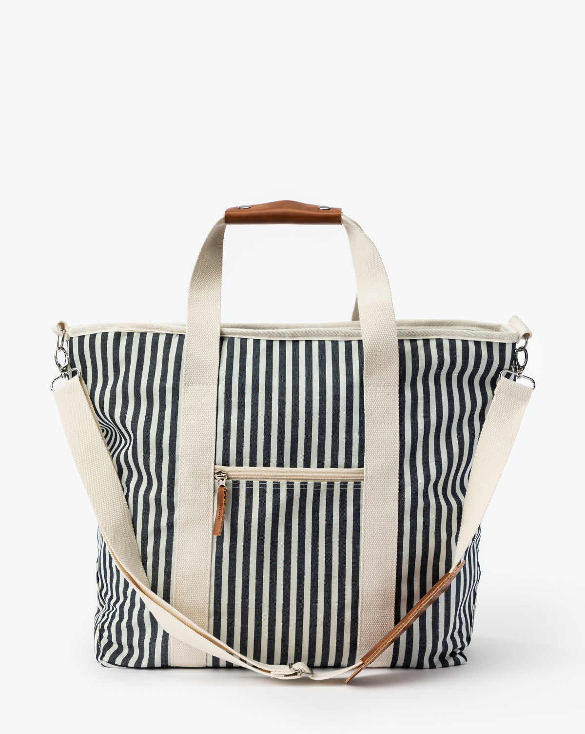 Navy Striped Cooler Bag styled indoors, perfect for beach, poolside, or fall outings, from Vendixs