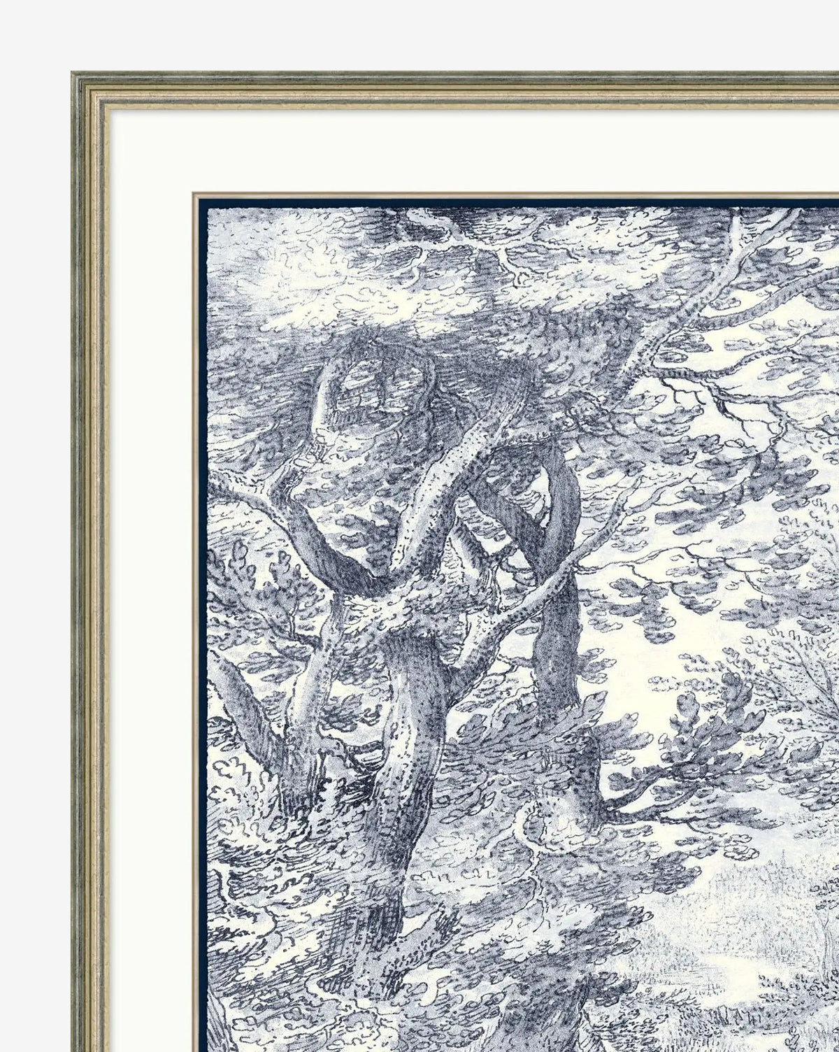 Detailed navy and white illustration titled Navy Toile No. 1, giclee print on watercolor paper, framed with a white mat and slim gold and black borders, by McGee & Co.