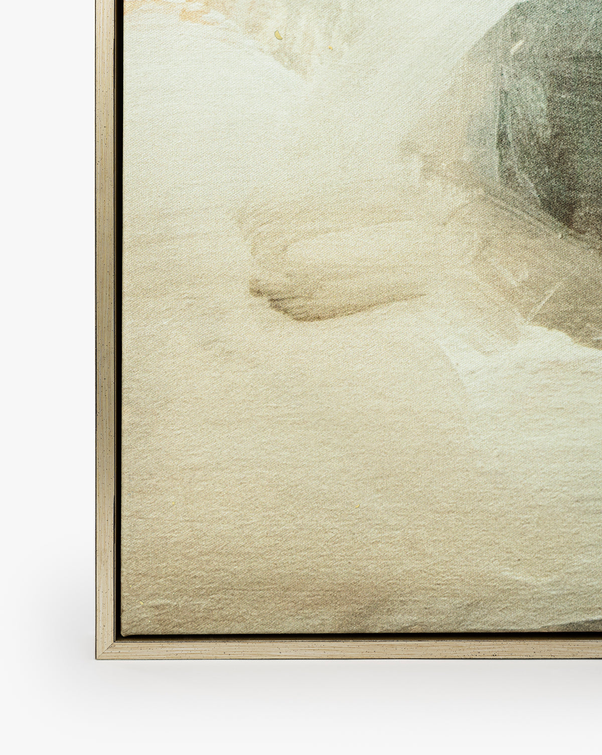 Close-up of the bottom left corner of the framed Neutral Abyss canvas art, showcasing soft beige and off-white tones with subtle textures and gentle shading. The thin, light-colored frame enhances its modern aesthetic, by Vendixs