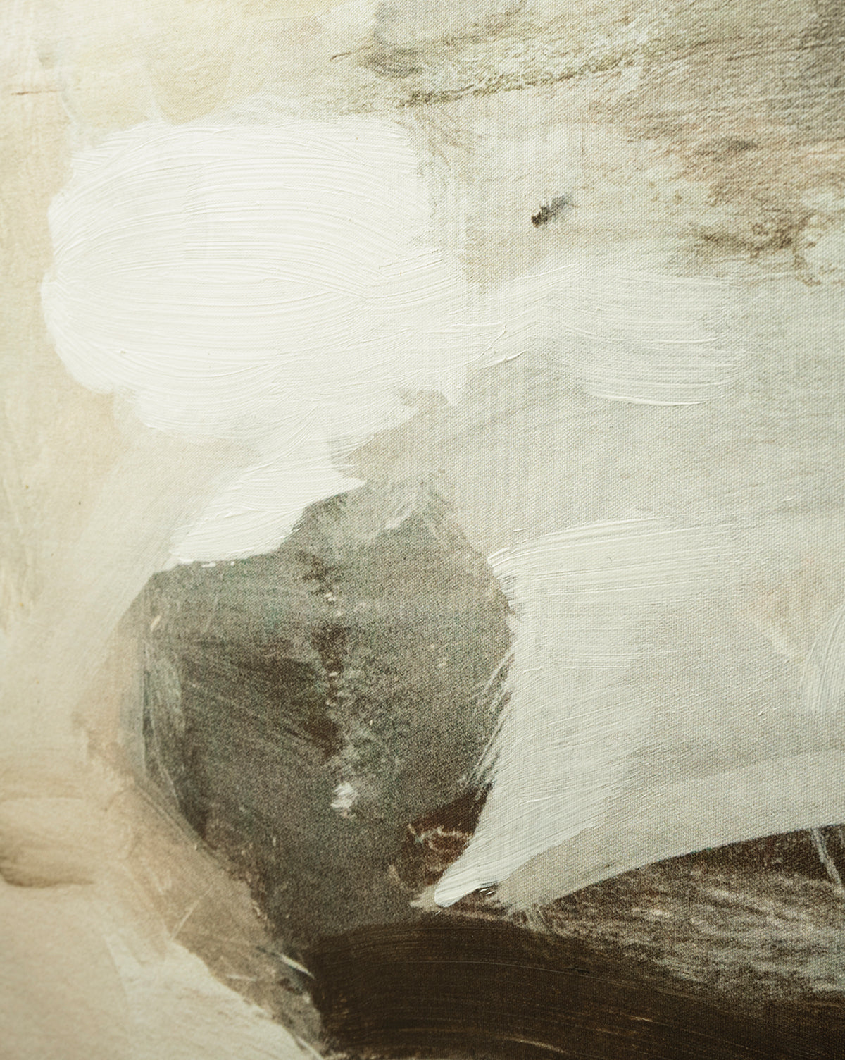 Neutral Abyss features abstract canvas art with broad, textured brushstrokes in white, beige, gray, and brown on a gallery-wrapped canvas for a subtle, organic touch by Vendixs