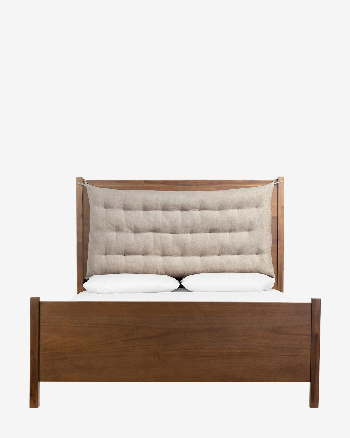 The Four Hands Noemie Bed showcases a modern wooden frame and a high padded beige tufted headboard, paired with two white pillows, all set against a plain white background. Vendixs