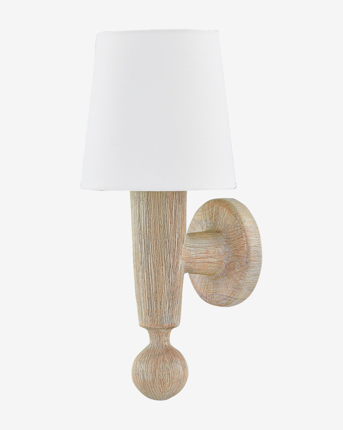 The Nola Sconce by Hudson Valley Lighting is a wall-mounted sconce featuring a textured cerused whitewash wood base, round backplate, and white cone-shaped shade, blending rustic and modern styles for stylish home lighting. Vendixs