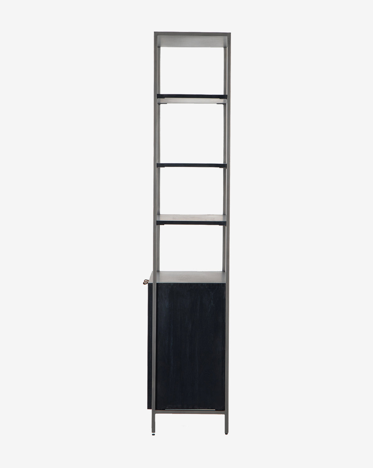The Noland Wide Bookshelf features a tall, modern iron design with a sturdy metal frame, three open shelves, and a lower cabinet with a dark door, displayed against a plain white background by Vendixs