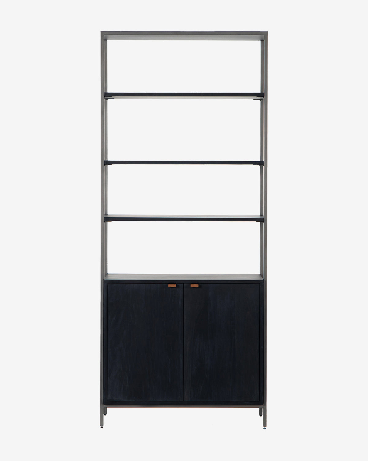 The Noland Wide Bookshelf features a tall, modern design with three open shelves, a two-door cabinet at the bottom, a black iron frame, and dark cabinet doors, shown against a plain white background by Vendixs