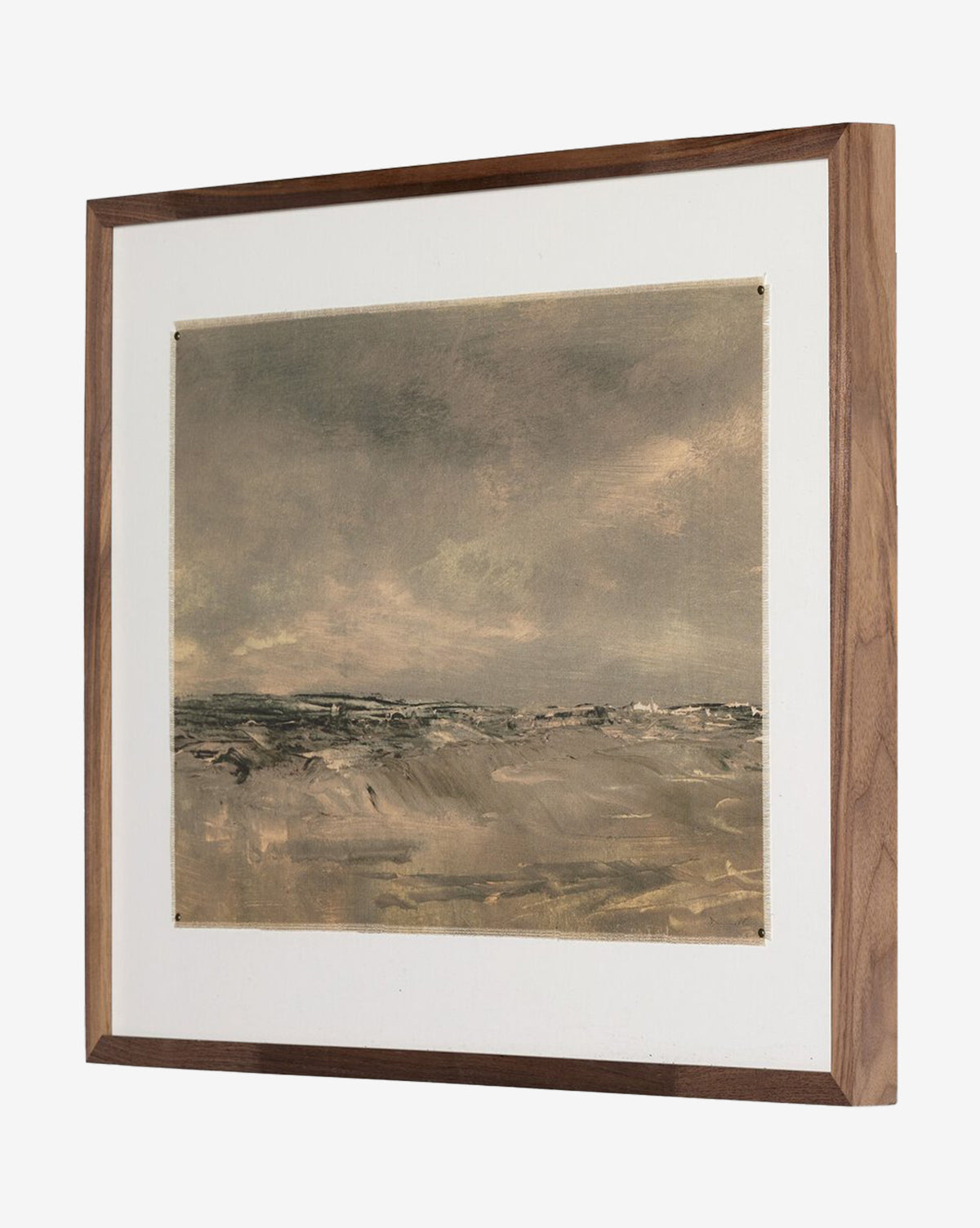 North Wind by Dan Hobday is a framed painting featuring a cloudy sky over a sandy, windswept landscape. Muted beige, gray, and brown tones evoke mood, complemented by a simple wooden frame and white mat, by Vendixs