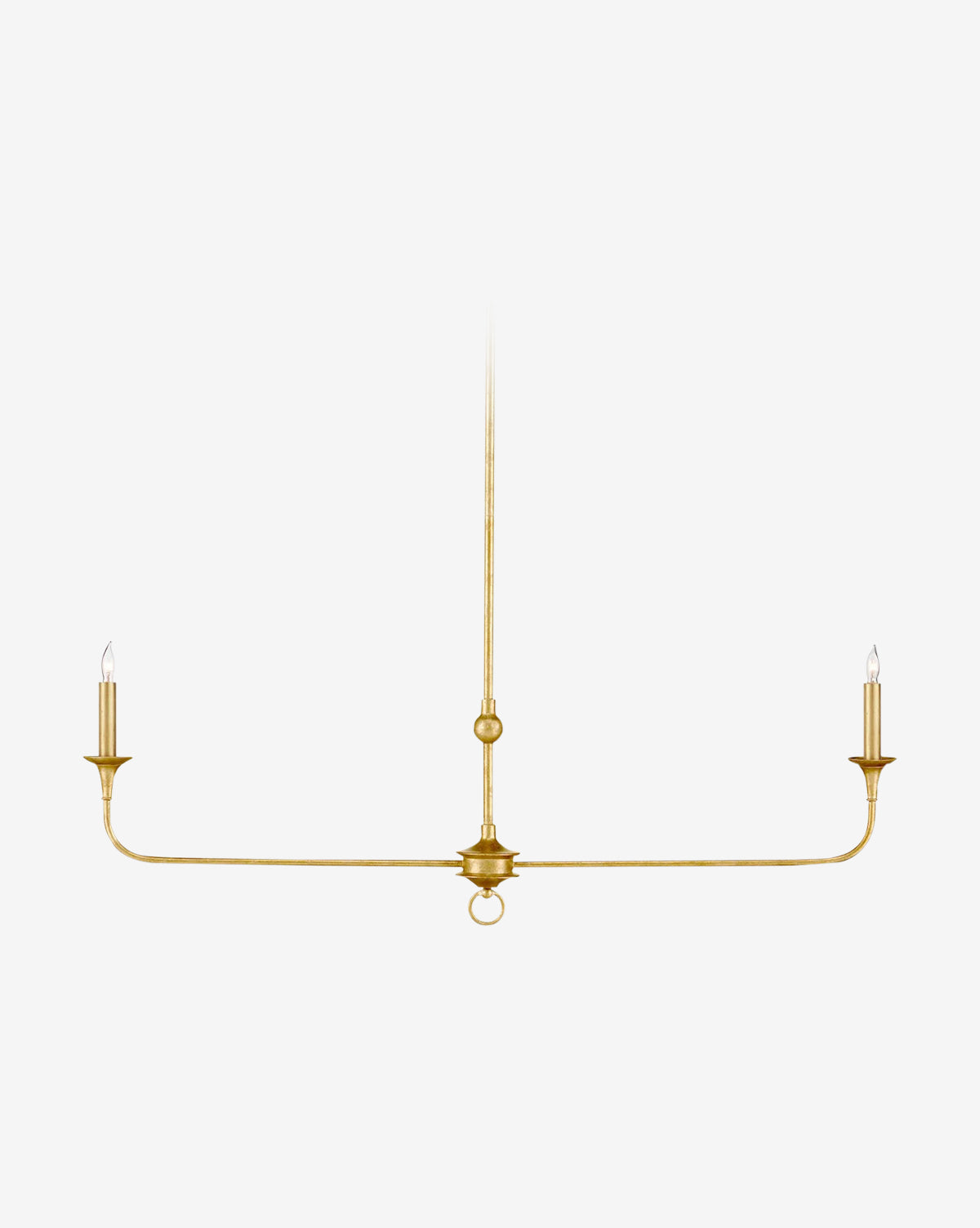 The Nottaway Linear Chandelier by Currey & Co. features two candle-style bulbs on either end of a horizontal bar, suspended from a central rod for an elegant and minimalist modern chandelier look. Vendixs