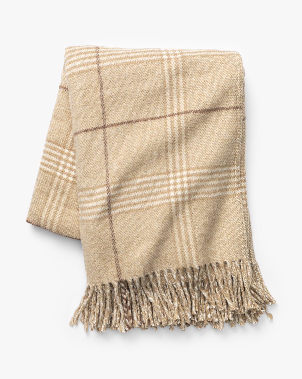 The Nottingham Throw by J Call Designs LLC dba Sew Miami LLC is a beige blanket with a light brown and cream plaid pattern and twisted fringe on the bottom edge, shown neatly folded on a white background, Vendixs