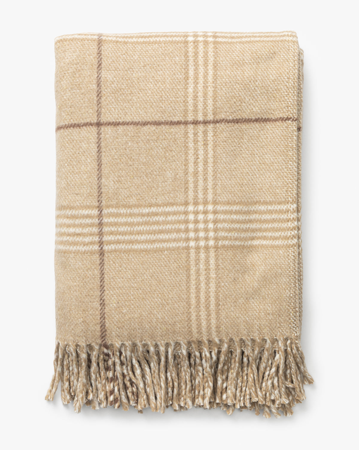 The Nottingham Throw by J Call Designs LLC dba Sew Miami LLC is shown folded in beige wool, featuring a light brown and white plaid pattern with fringed edges on a plain white background. Vendixs