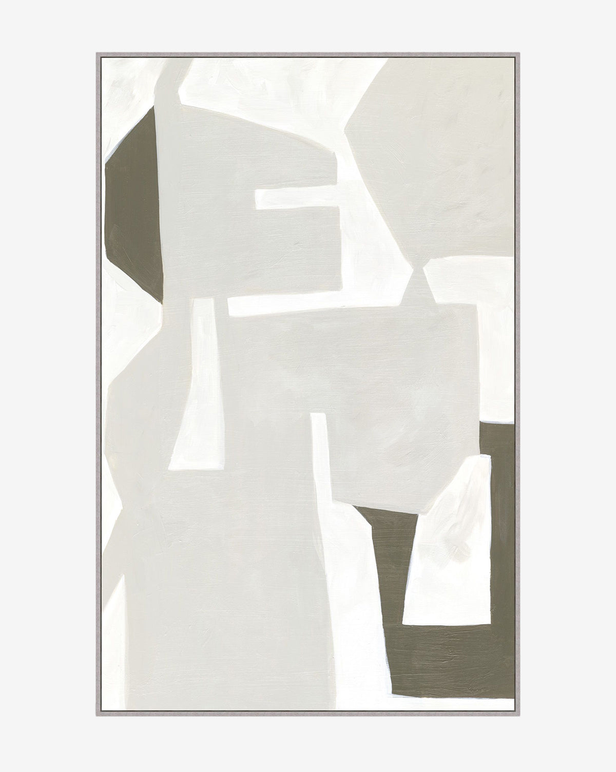 Novel Objects is a minimalist abstract art giclee print, showcasing overlapping geometric shapes in white, light gray, and olive green with soft edges. Finished with a thin light frame, its perfect as canvas wall art, by Vendixs