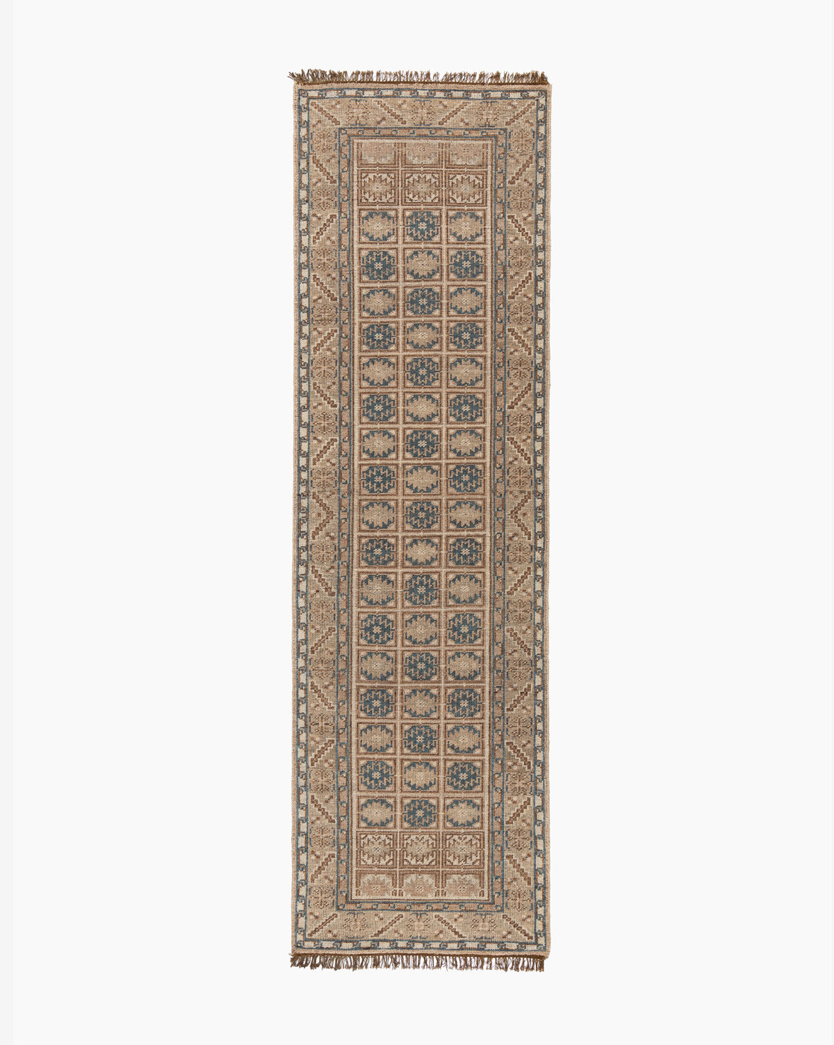 The Nunez Hand-Knotted Wool Rug features a rectangular shape with a beige background, blue and brown geometric patterns, and fringed shorter edges, shown on a white background, by Vendixs