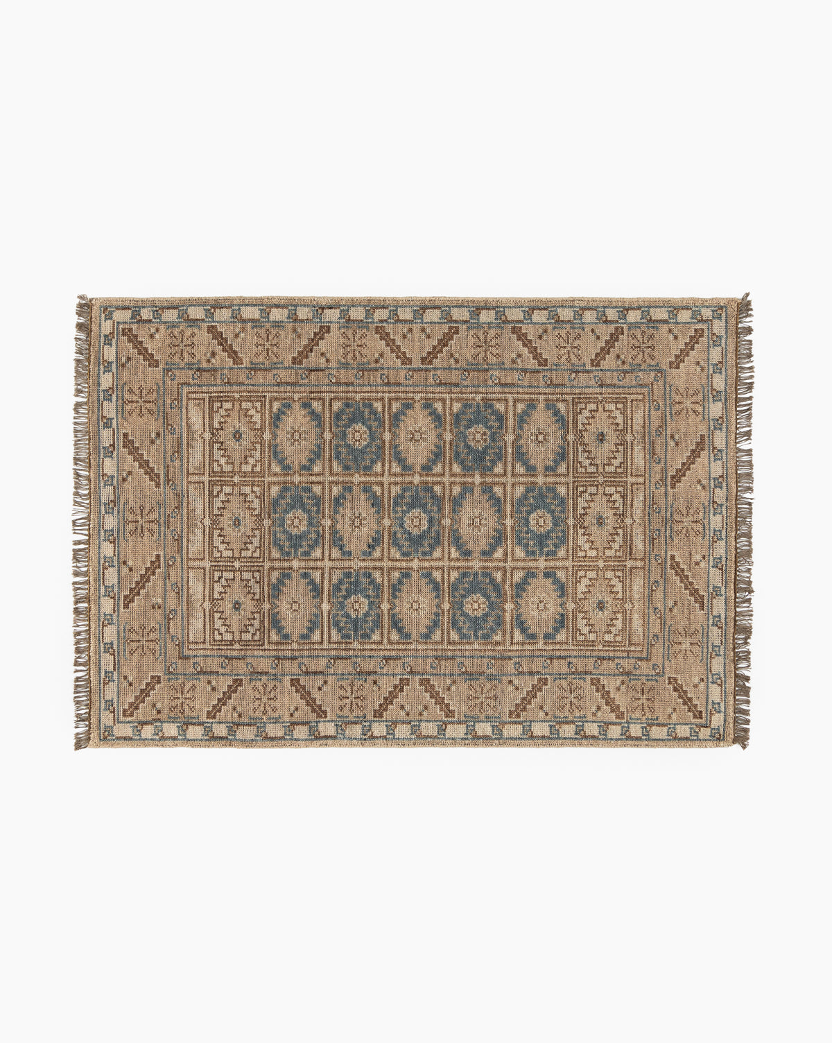 The Nunez Hand-Knotted Wool Rug features a geometric and floral design in beige, brown, and blue with a classic border and short fringes on the ends, by Vendixs