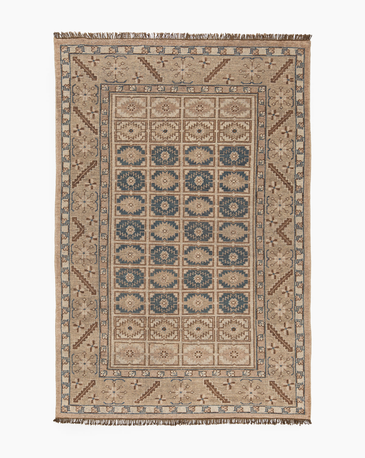The Nunez Hand-Knotted Wool Rug features a beige background with blue and brown geometric and floral grid patterns, framed by a classic border design and finished with fringes on the short edges, by Vendixs