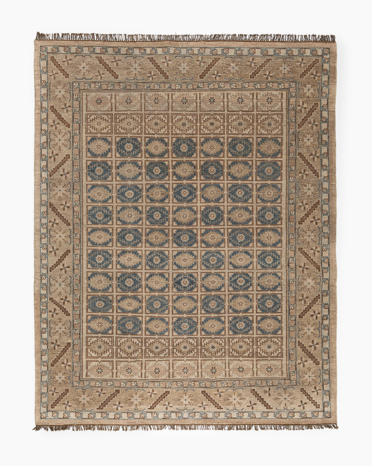 The Nunez Hand-Knotted Wool Rug features a rectangular shape with a geometric grid pattern in beige, tan, brown, green, and blue. Its central design includes small floral-motif squares framed by classic borders, by Vendixs