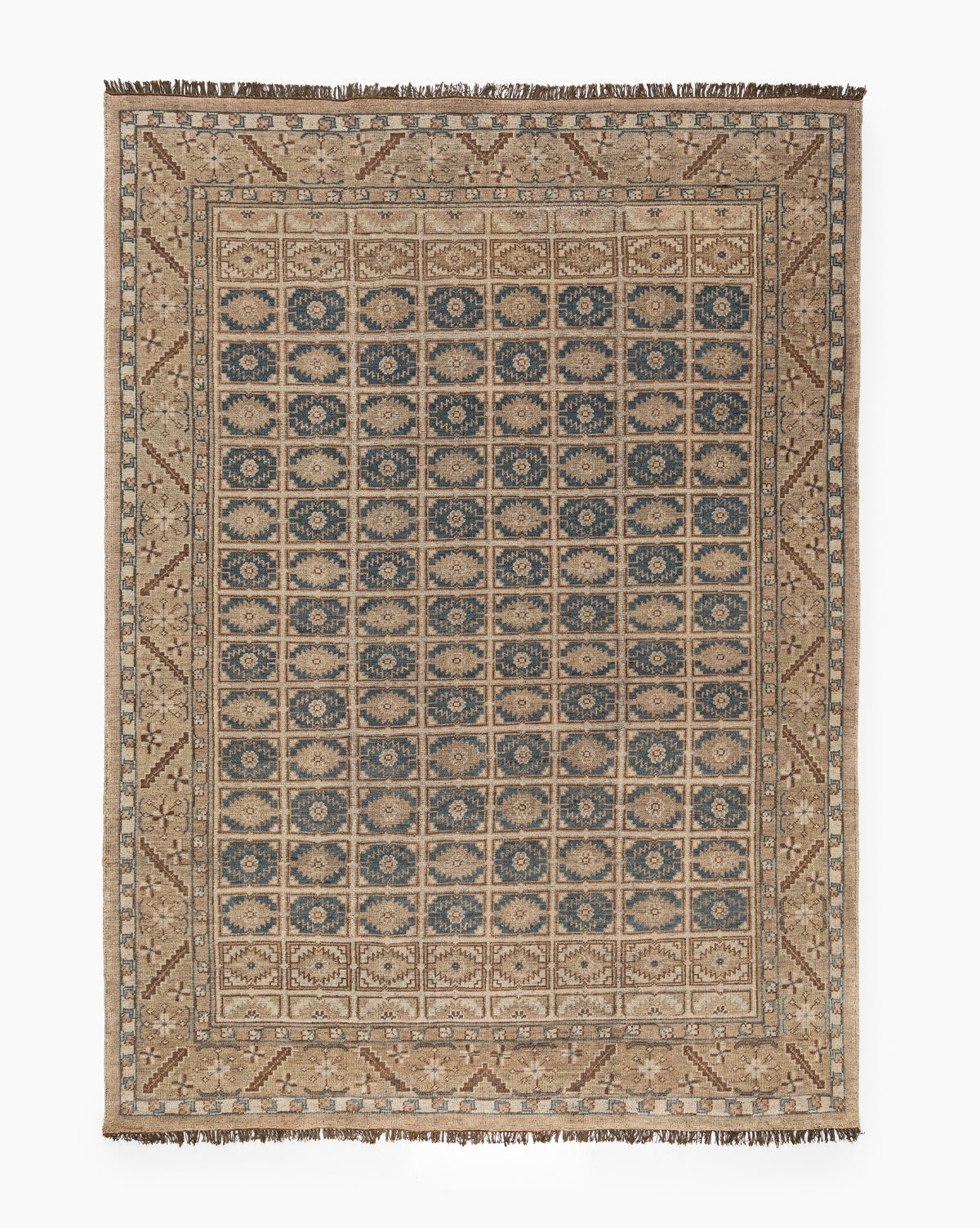 The Nunez Hand-Knotted Wool Rug features a rectangular shape with a beige border, intricate blue and beige geometric and floral designs, and a classic detailed patterned frame, by Vendixs