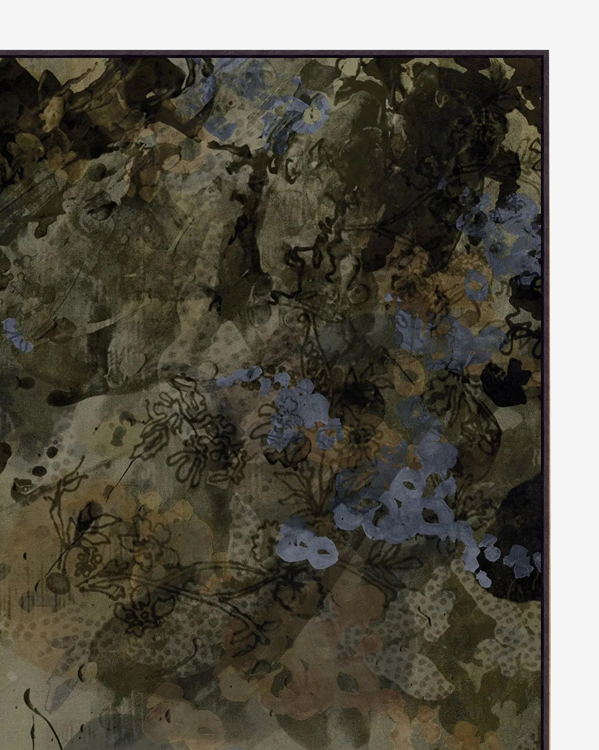 Olive Grove is a striking giclee on canvas featuring abstract wall art with overlapping dark green, brown, and black brushstrokes, scattered blue and muted yellow floral patterns, and delicate sketch-like flower outlines, by Vendixs