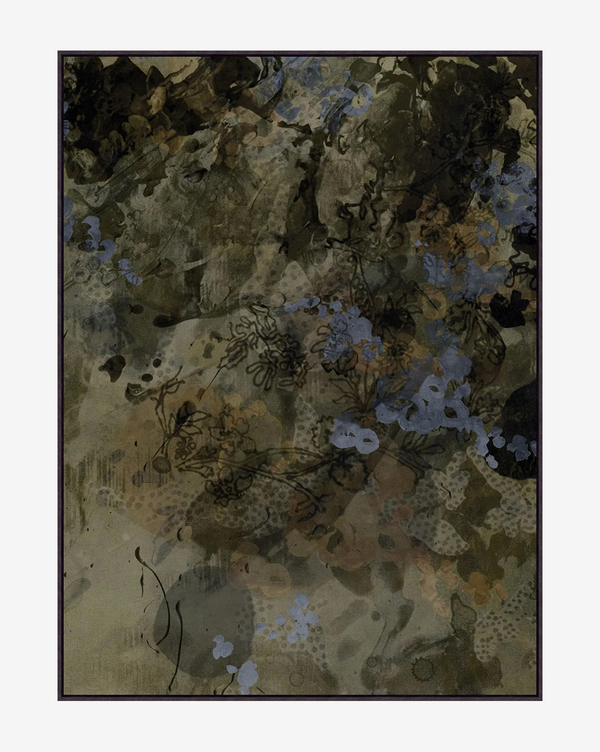 Olive Grove features muted earthy tones with soft blue and brown floral shapes and delicate black linework, creating a layered, woodland-inspired effect—perfect as framed abstract wall art for any space, by Vendixs
