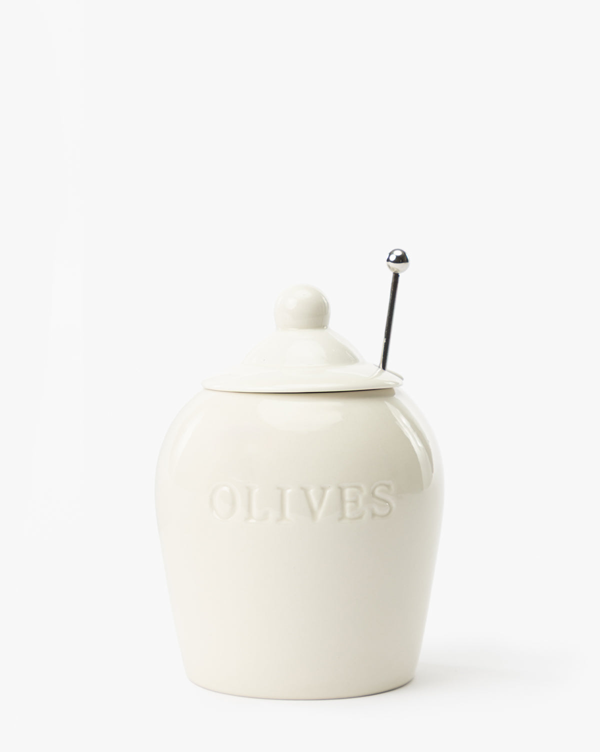The Olive Stoneware Jar, labeled OLIVES, features an airtight lid and a small slotted spoon emerging from under the lid, displayed against a plain white background by Vendixs