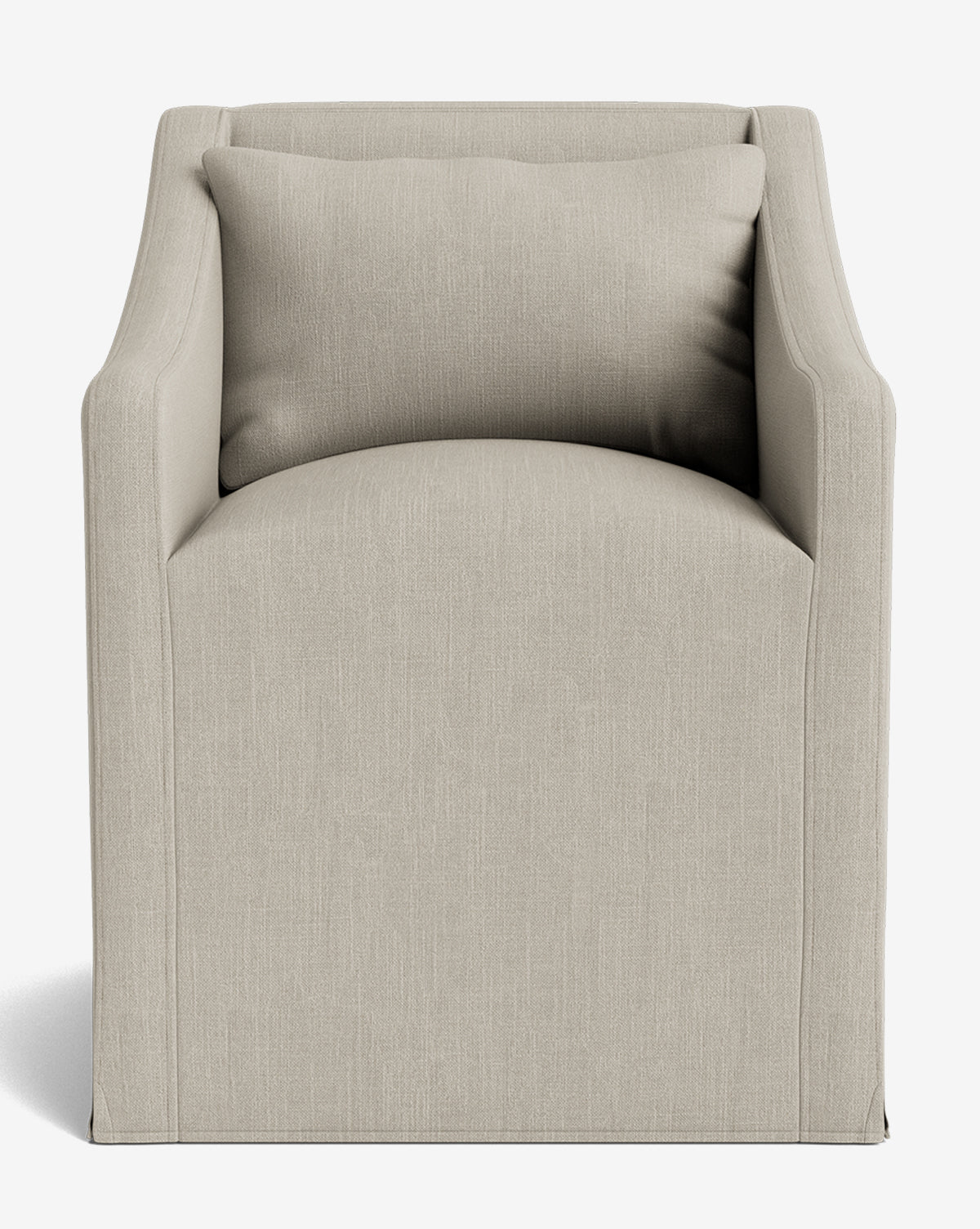 The Olivier Slipcover Dining Arm Chair features a boxy shape, straight arms, and light beige upholstery with a matching rectangular back cushion, shown against a plain white background by McGee & Co.