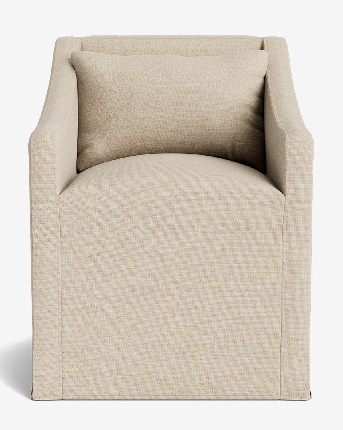 The Olivier Slipcover Dining Arm Chair features a beige slipcover, squared armrests, and a feather-and-down cushion in a simple modern design, shown from the front against a white background, by McGee & Co.