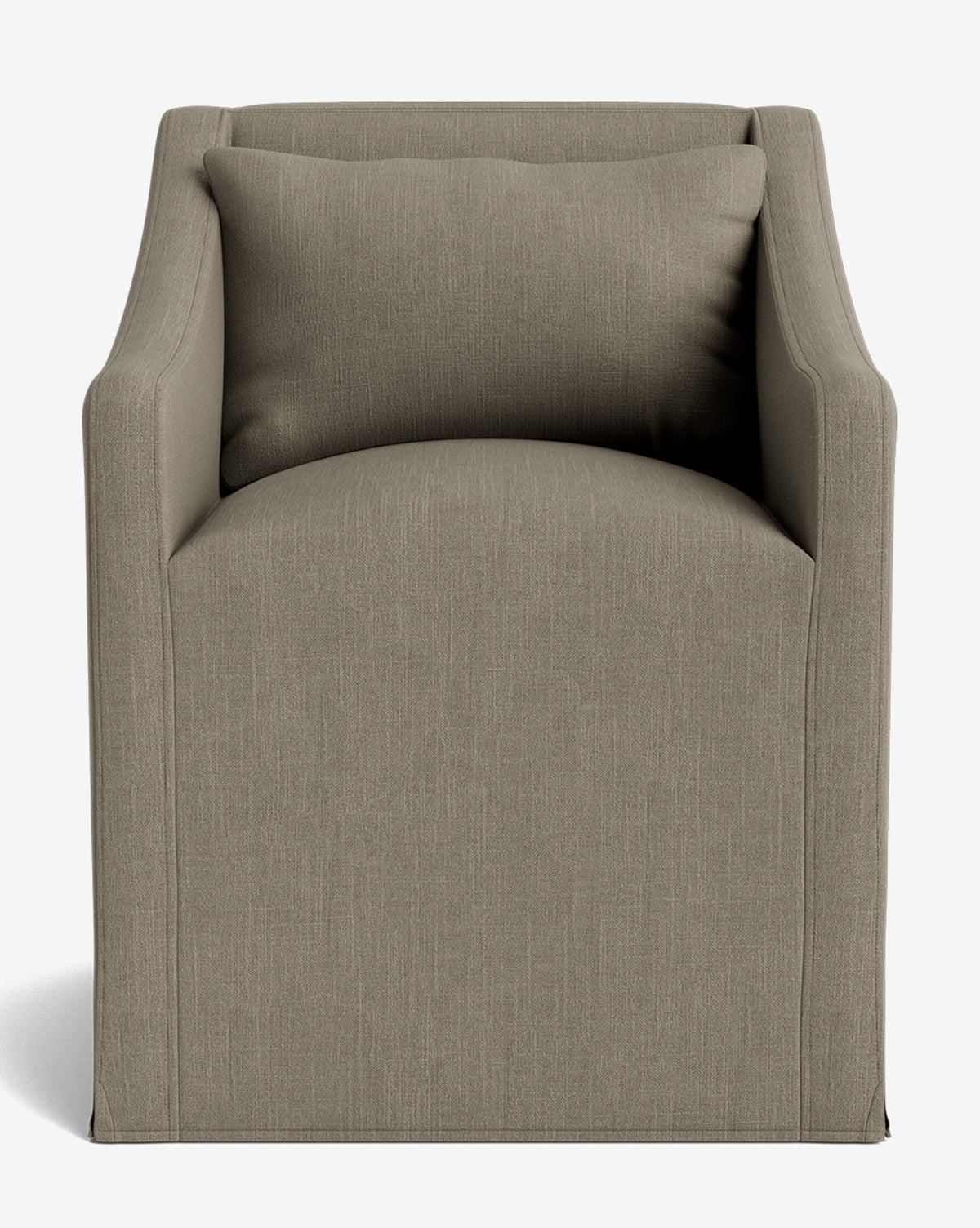 The Olivier Slipcover Dining Arm Chair features a boxy silhouette, straight lines, and taupe fabric upholstery with a feather and down cushion, shown against a plain white background by Vendixs