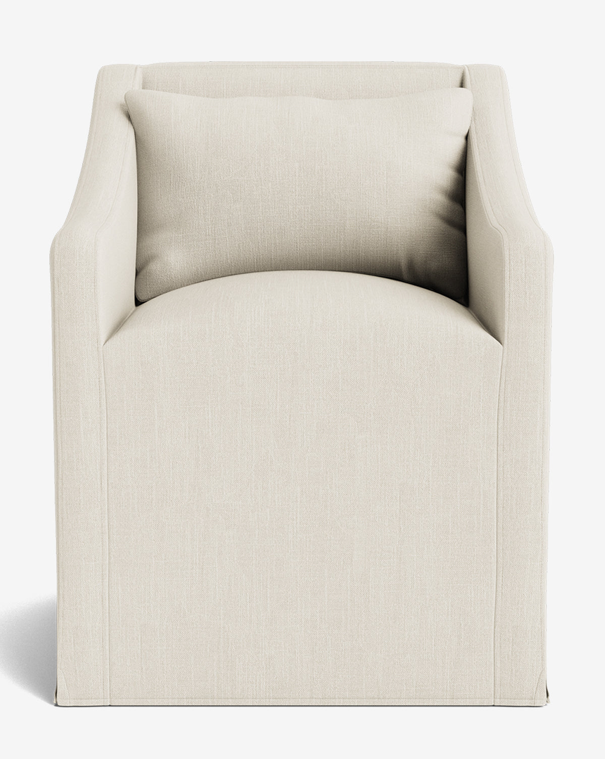 A front view of the Olivier Slipcover Dining Arm Chair, upholstered in cream with smooth, curved arms and a feather-and-down cushion, set against a white background by McGee & Co.