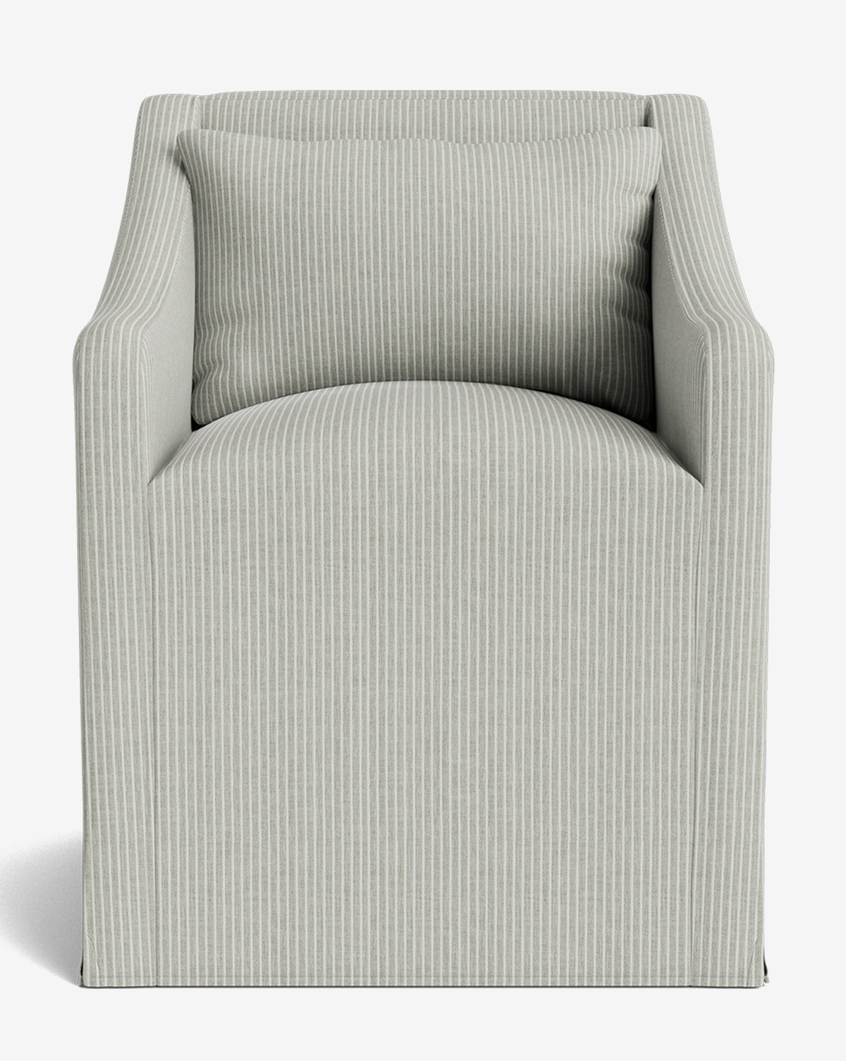 A front-facing view of the Olivier Slipcover Dining Arm Chair, featuring light gray and white vertical pinstripes, square arms, and a matching feather-and-down cushion, by McGee & Co.