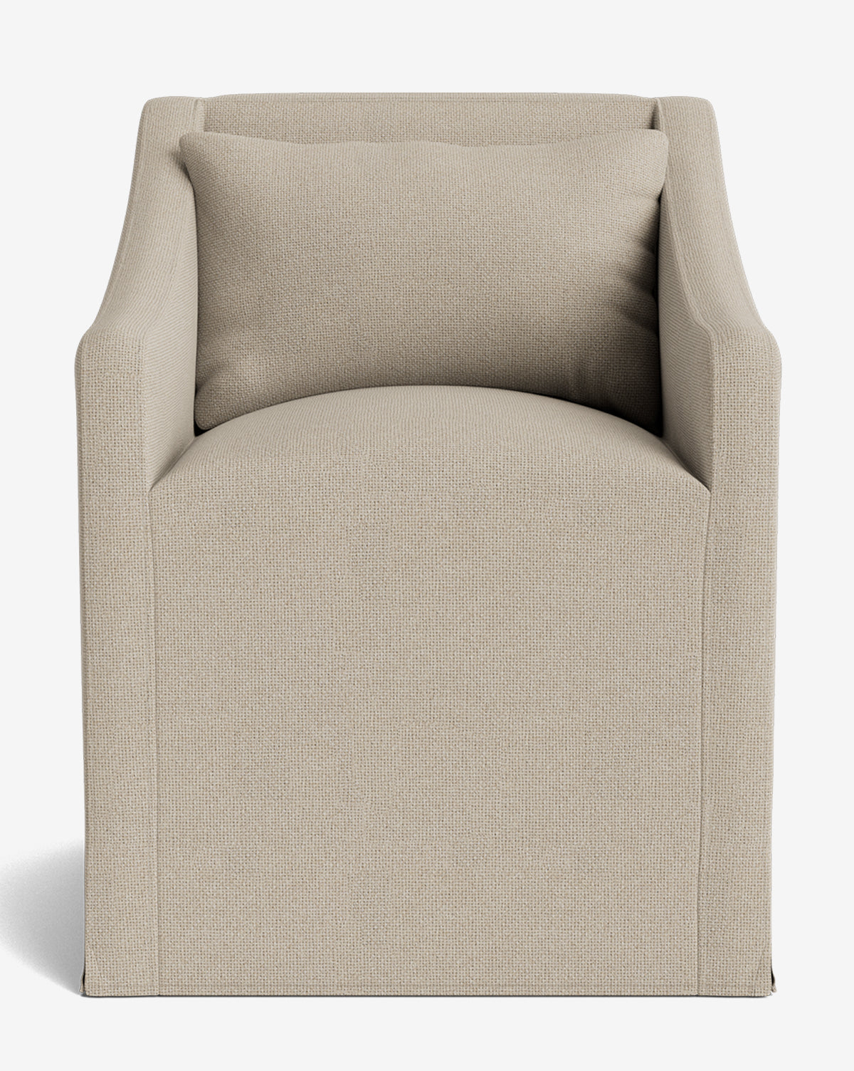 The Olivier Slipcover Dining Arm Chair is a modern armchair in light beige textured fabric with feather and down cushion, square shape, straight arms, and a matching backrest cushion, by McGee & Co. Shown against a plain white background.