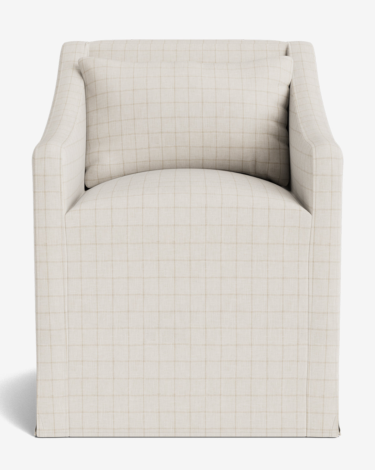 The Olivier Slipcover Dining Arm Chair features a modern front view with light beige fabric in a subtle grid pattern, paired with a matching rectangular feather and down cushion resting against the back, by McGee & Co.