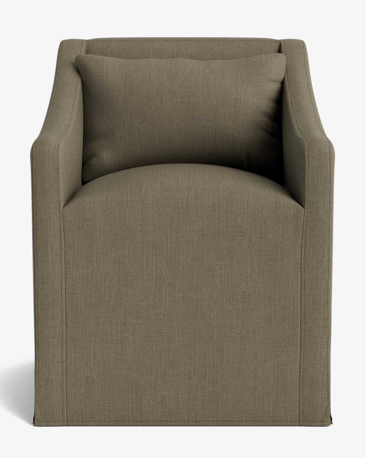 Front view of the Olivier Slipcover Dining Arm Chair, featuring a boxy silhouette, taupe fabric upholstery, straight arms, and a feather and down cushion for comfort, set against a plain white background by McGee & Co.