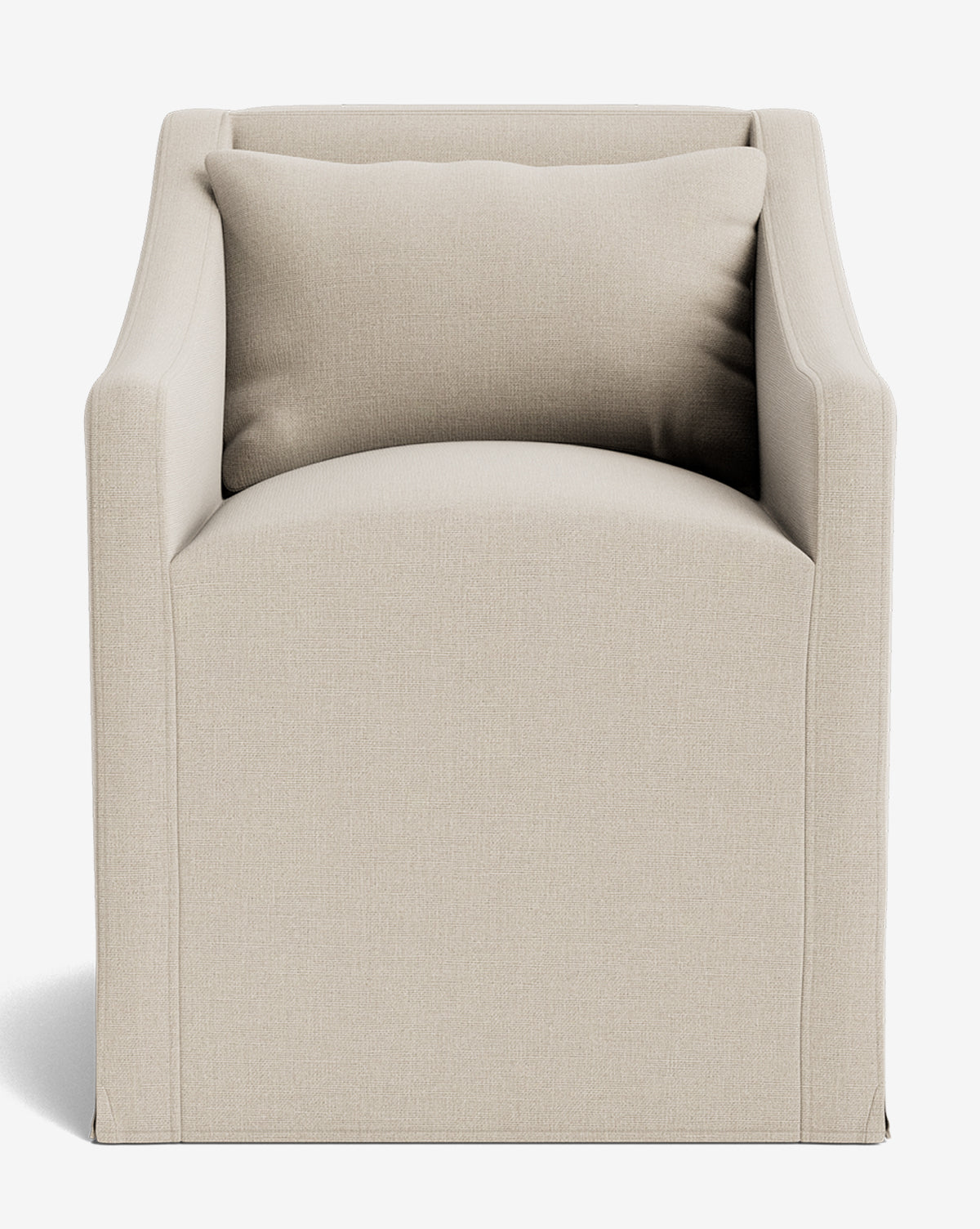 The Olivier Slipcover Dining Arm Chair is a front-facing, beige upholstered chair with straight sides, a square shape, and a matching feather-and-down back cushion in soft fabric, by McGee & Co.