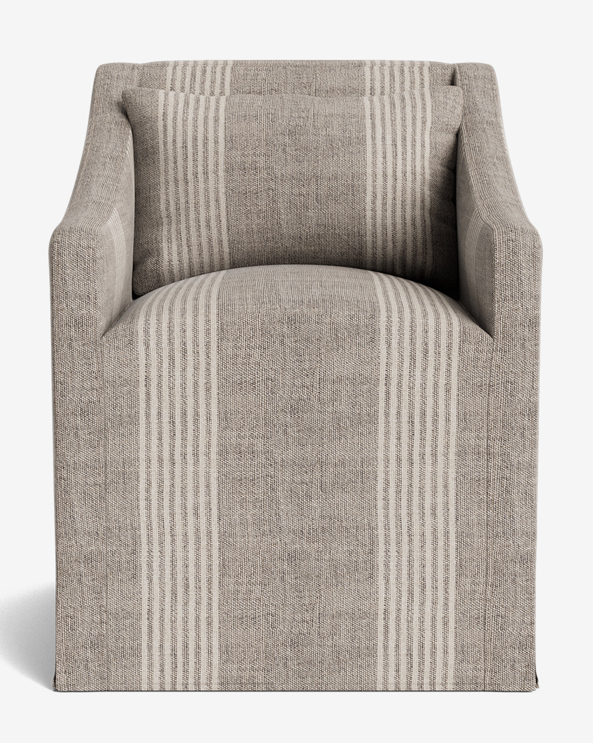 The Olivier Slipcover Dining Arm Chair features a modern, boxy design with textured beige fabric, vertical off-white stripes, and a matching feather-and-down cushion, shown front-facing against a white background by Vendixs