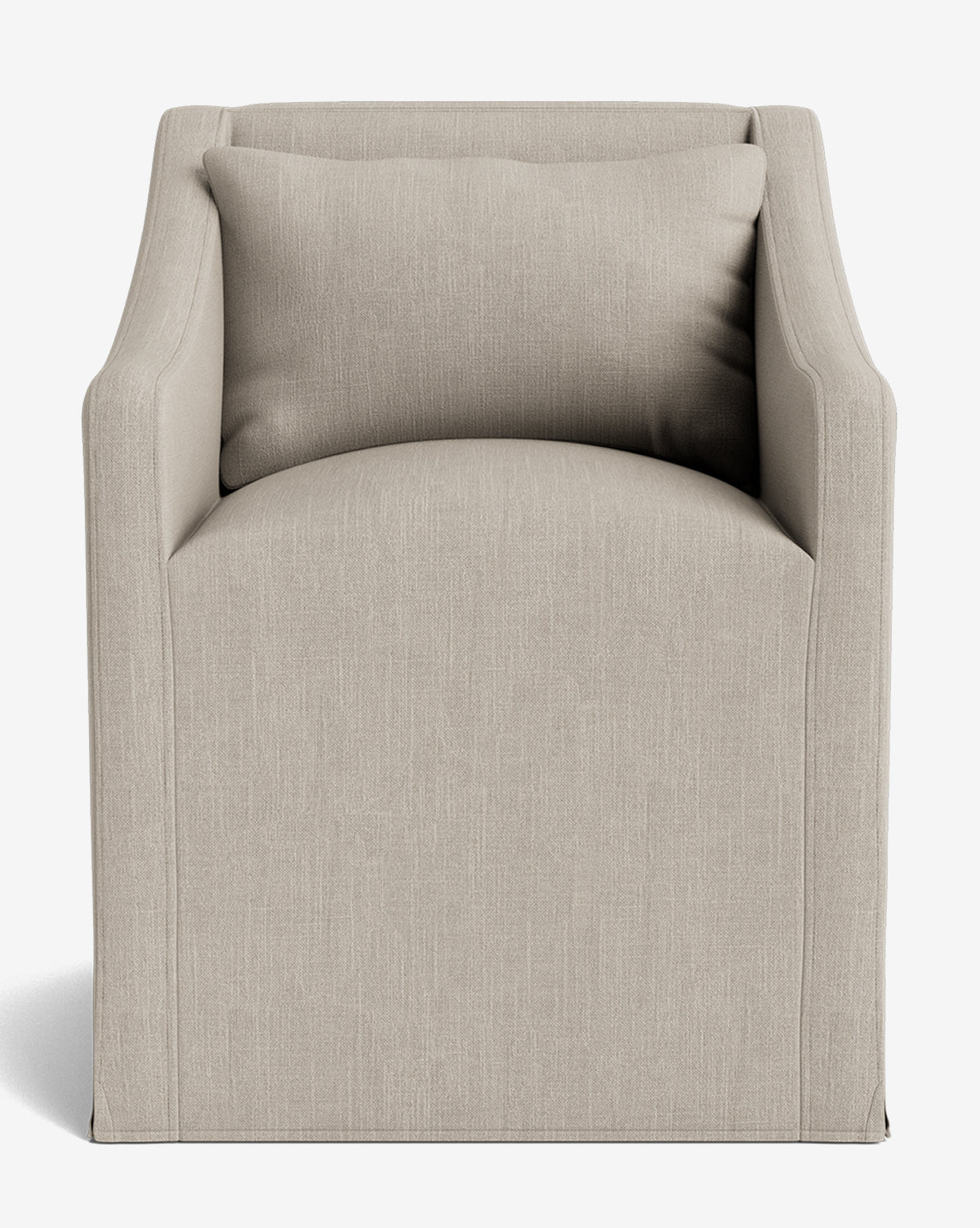 The Olivier Slipcover Dining Arm Chair features a modern, light beige design with clean lines, a square shape, and a matching feather-and-down cushion, shown from the front against a white background by McGee & Co.