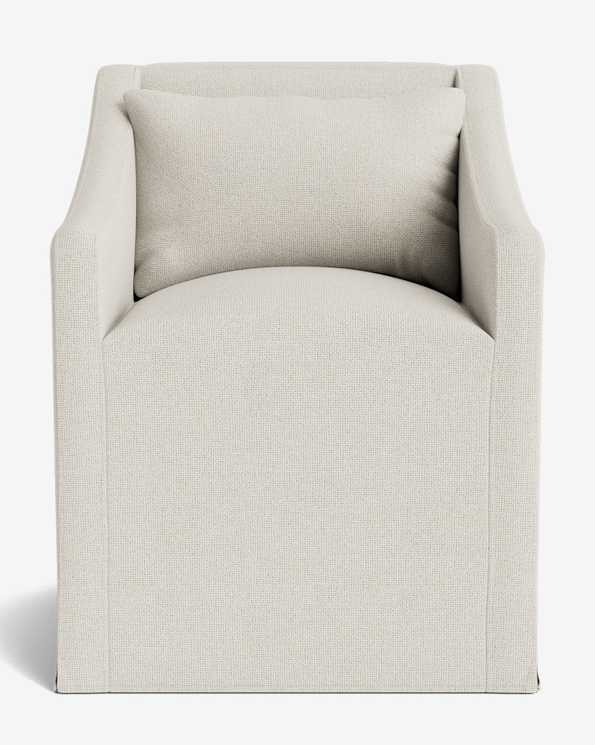 The Olivier Slipcover Dining Arm Chair features a modern, boxy design in light beige with straight arms and a matching feather and down cushion, shown from the front against a white background by McGee & Co.