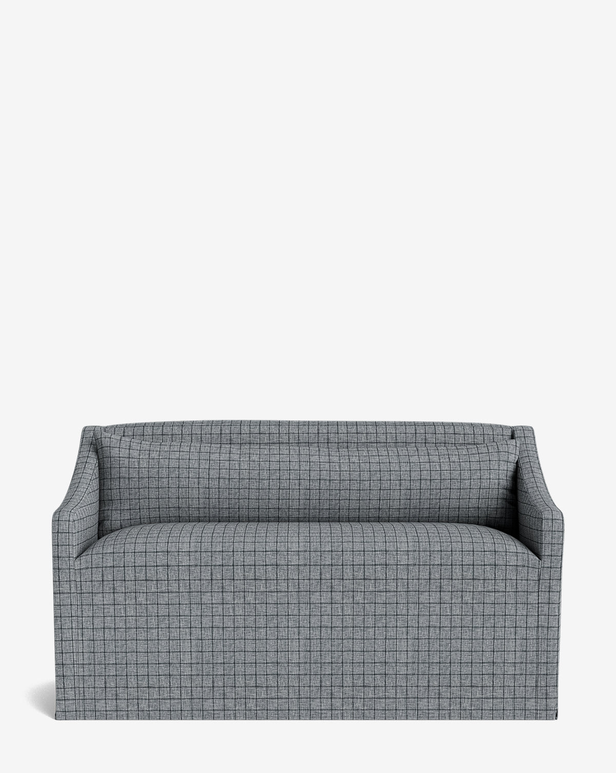 The Olivier Slipcover Dining Bench is a modern gray upholstered bench with a subtle checkered pattern, straight back, feather and down cushions, and slightly angled armrests, shown against a plain white background by McGee & Co.