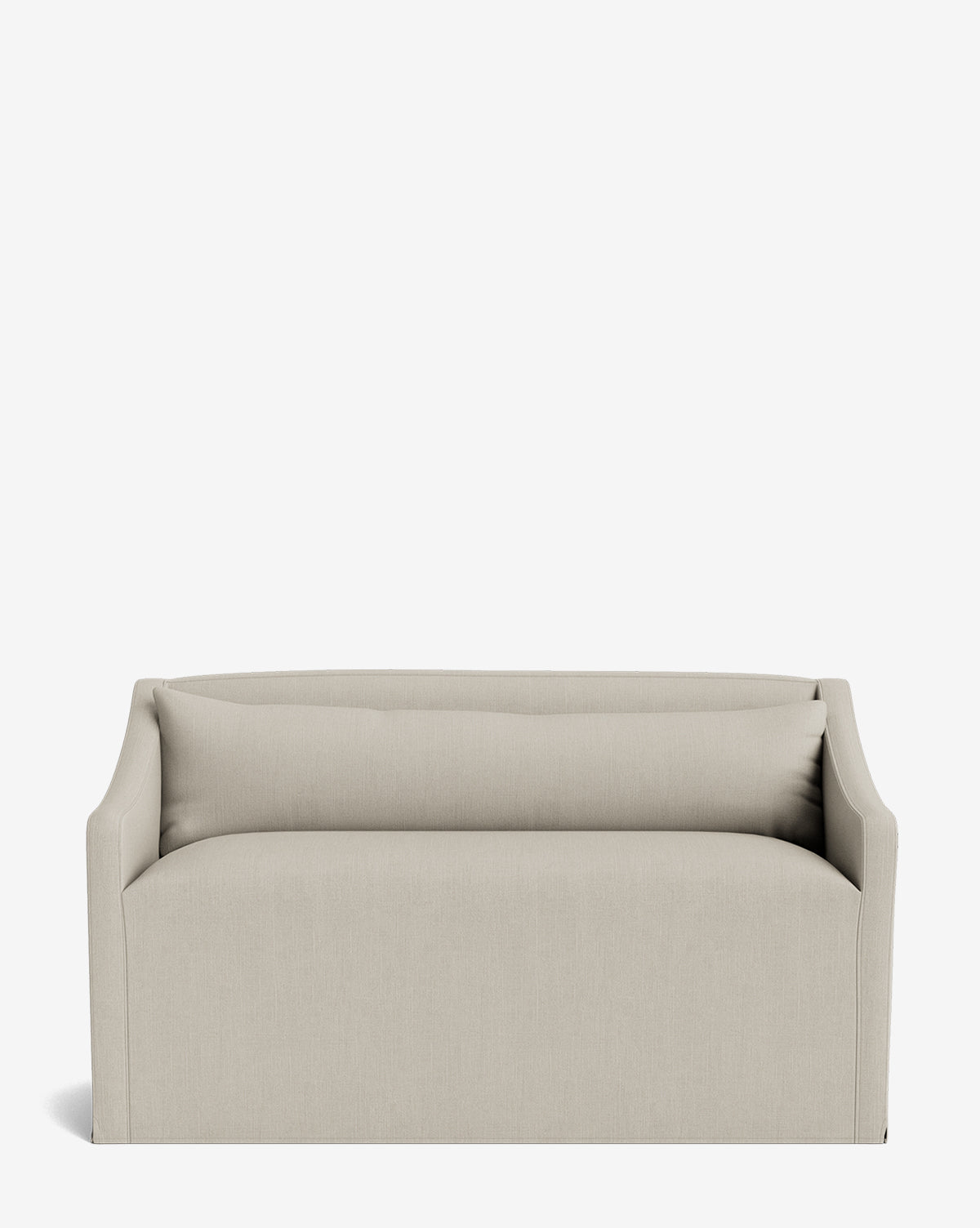 The Olivier Slipcover Dining Bench is a modern, light beige upholstered bench with straight arms and a cushioned back, featuring feather and down cushion comfort, shown against a plain white background by McGee & Co.