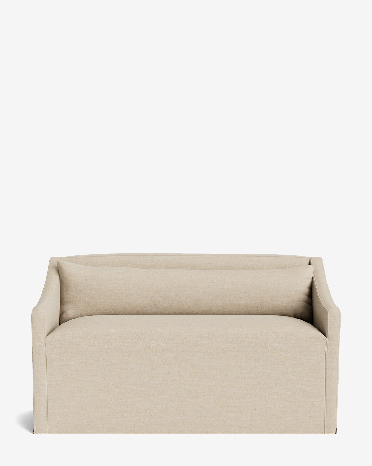 The Olivier Slipcover Dining Bench features modern beige upholstery, a straight back, low arms, and plush feather and down cushioning for comfort, shown against a plain white background by Vendixs