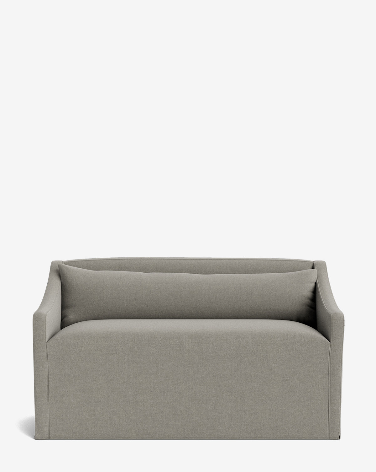 The Olivier Slipcover Dining Bench features light gray upholstery, a feather and down cushion, single seat cushion, low back, and gently curved armrests, set against a plain white background by McGee & Co.